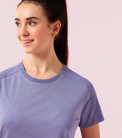 Enamor E306 Women Stretch Cotton with Rib Neck Band Cut & Sew Relaxed Fit T-Shirt - Chalky Violet Mel