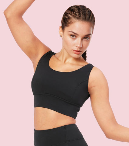 Enamor A206 Women's Criss Cross High Impact Long Line Sports Bra - High Support, Padded, High Coverage, Non-Wired - Jet Black