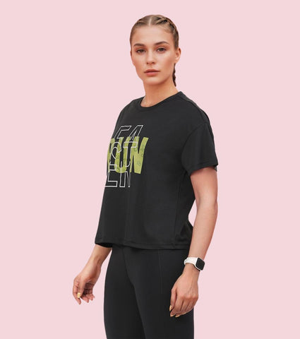 Enamor A311 Typographic Printed Drop Shoulder Sleeves Relaxed Fit Crop T-shirt - Jetblk-Run Faster