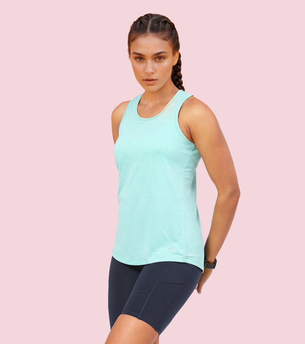 Enamor A308 Women Crew Neck Sleeveless Slim Fit Activewear Workout T-Shirt - Pool Blue Mel