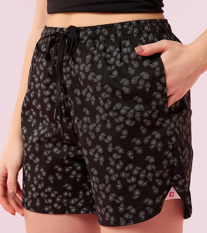 Enamor E7A1 Combed Cotton Printed Mid-Rise Relaxed Fit Hangout Shorts - Black Floral Print