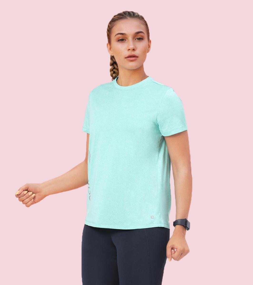 Enamor A309 Women Basic Workout Relaxed Fit Crew Neck Short Sleeve Tee with Reflective Active Graphic - Pool Blue Mel