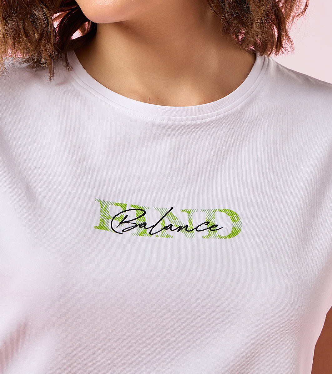 Enamor E3G7 Women Dolman Sleeve Crew Neck Cotton T-Shirt with Embroidered Graphic - Bright White Balance