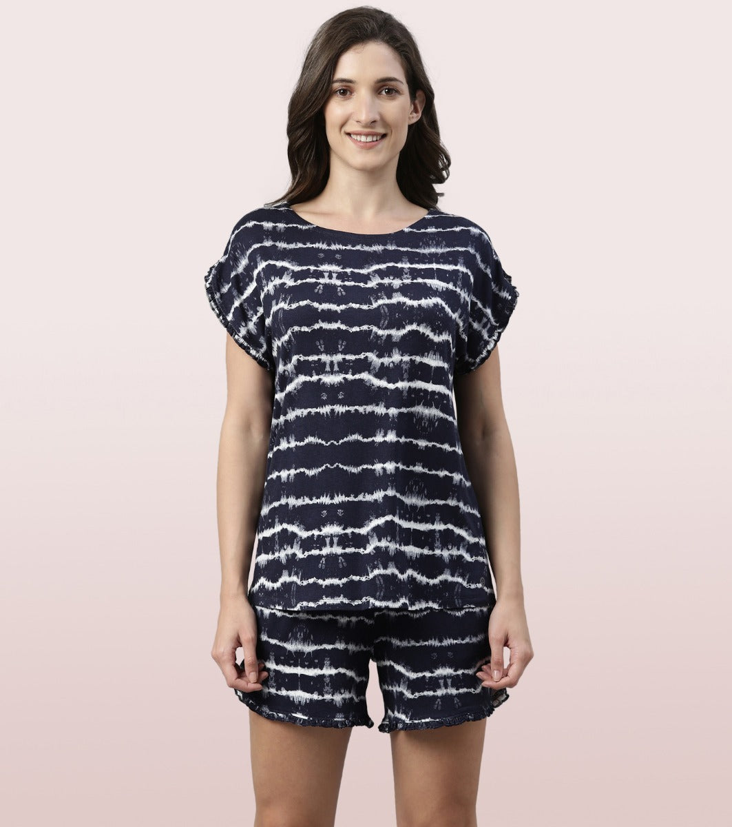 Home Shorts Set | Viscose Printed Ruffled Trim Tee And Shorts Set - EC14