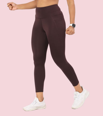 Enamor A605 Basic Quick Dry High Waist Basic Workout Leggings with Elasticated Waistband - Choco Fudge