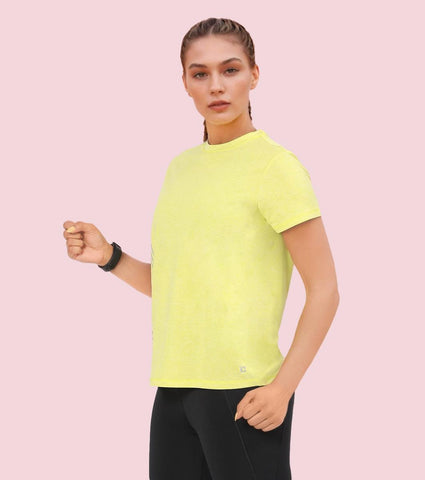 Enamor A309 Women Basic Workout Relaxed Fit Crew Neck Short Sleeve Tee with Reflective Active Graphic - Cyber Lime Mel