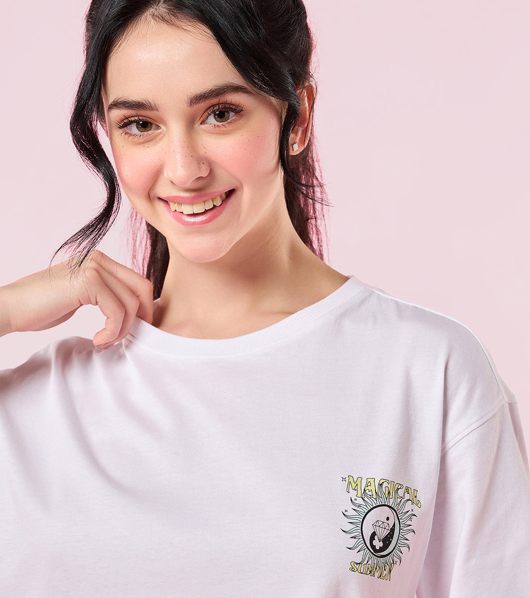 Enamor E3G5 Oversized Fit Square Crew Neck Cotton T-Shirt with Stylish Graphic Design - Bright White Magical