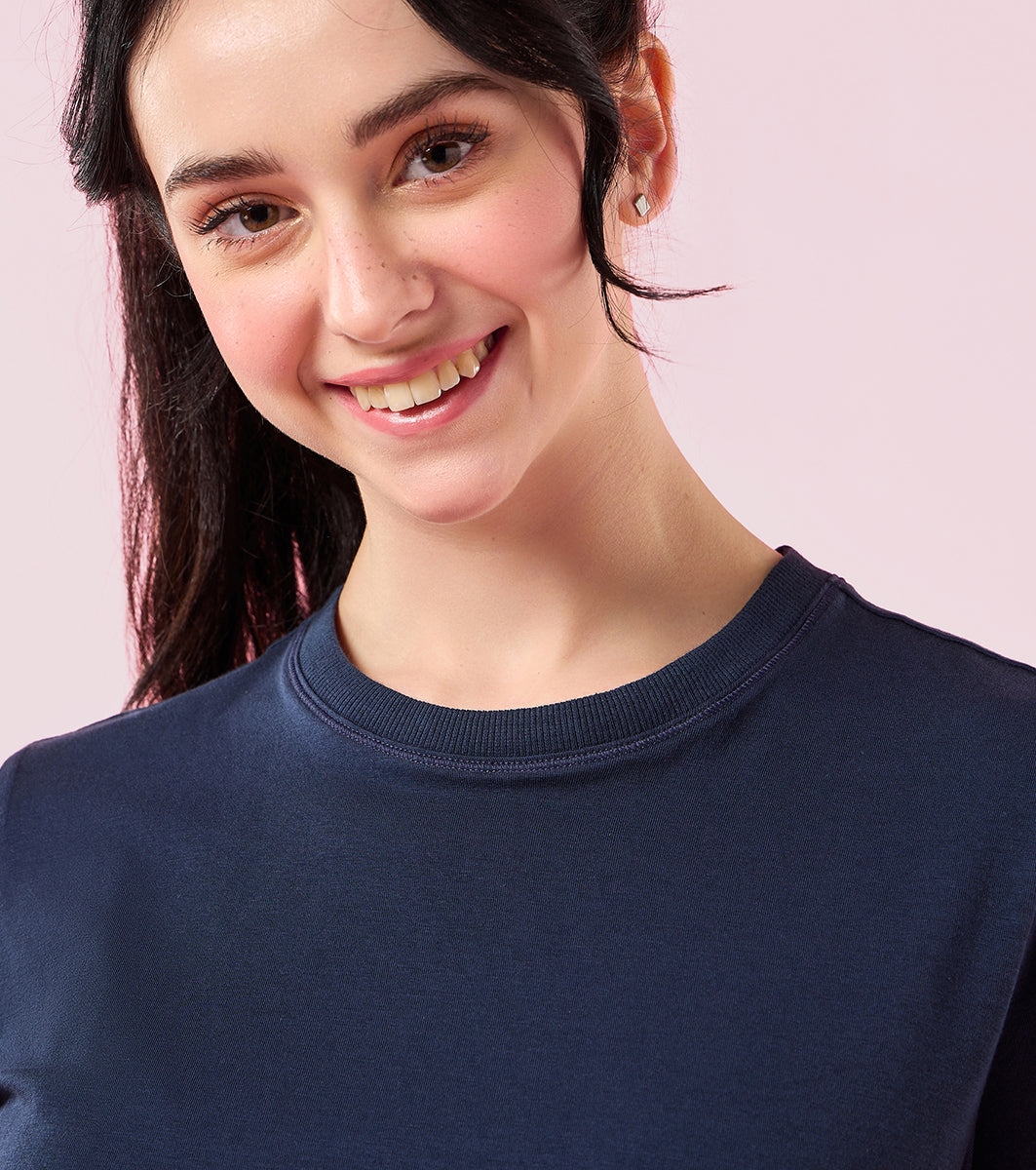 Enamor E311 Women Relaxed Fit Crew Neck Basic Stretch Cotton T-Shirt - Navy