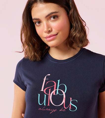 Enamor E147 Short Sleeve Crew Neck Stretch Cotton T-Shirt with Graphic Print - Navy Fabulous