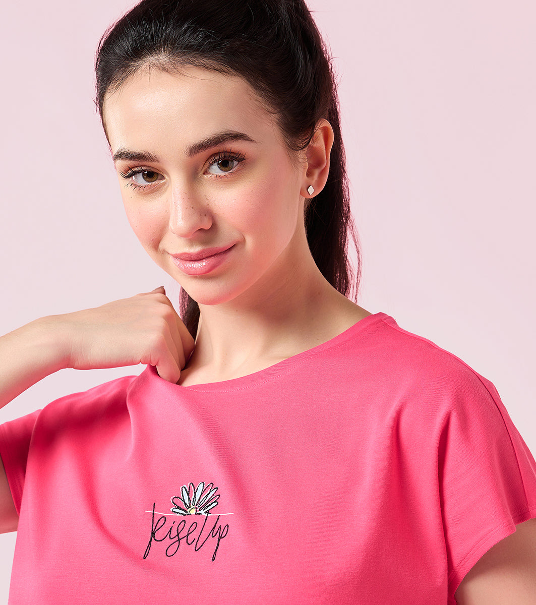 Enamor E3G7 Women Dolman Sleeve Crew Neck Cotton T-Shirt with Embroidered Graphic - Raspberry Rise Up