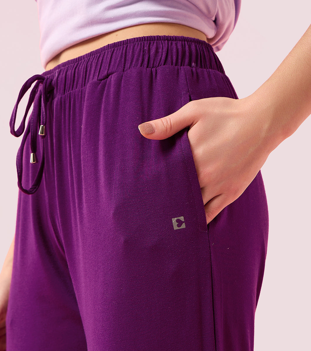 Enamor E048 Tapered Lounge Pants with Drawstring Details with Metal Ends - Dark Purple