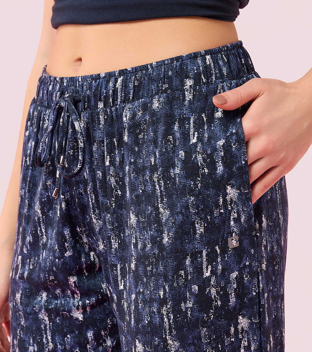 Enamor E048 Tapered Lounge Pants with Drawstring Details with Metal Ends - Navy Abstract Allure Prt