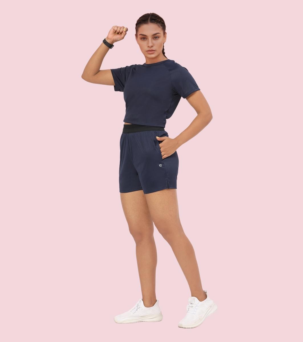 Enamor A714 Women's Kool Poly Quick Dry Training Shorts with In-Built Inner Tights - Navy