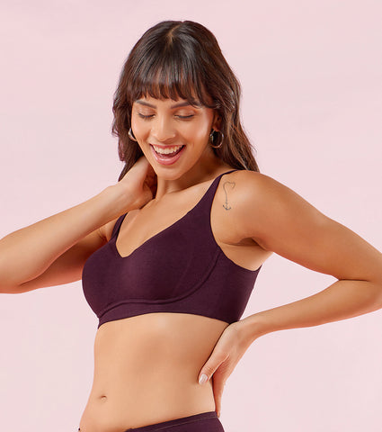 Enamor A077 Women's Padded Non-Wired T-Shirt Bra, Full Coverage, Soft Bamboo Fabric, Breathable, Pinch-Free - Grape Wine