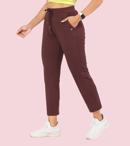 Enamor E068 Women Antimicrobial Mid Rise Relaxed Fit Active Travel Pants - Choco Fudge