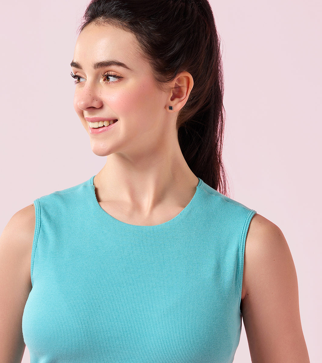 Enamor E310 Women Cotton Slim Fit Rib Crop Top with In-Built Shelf Bra with Comfort & Support - Marine Blue