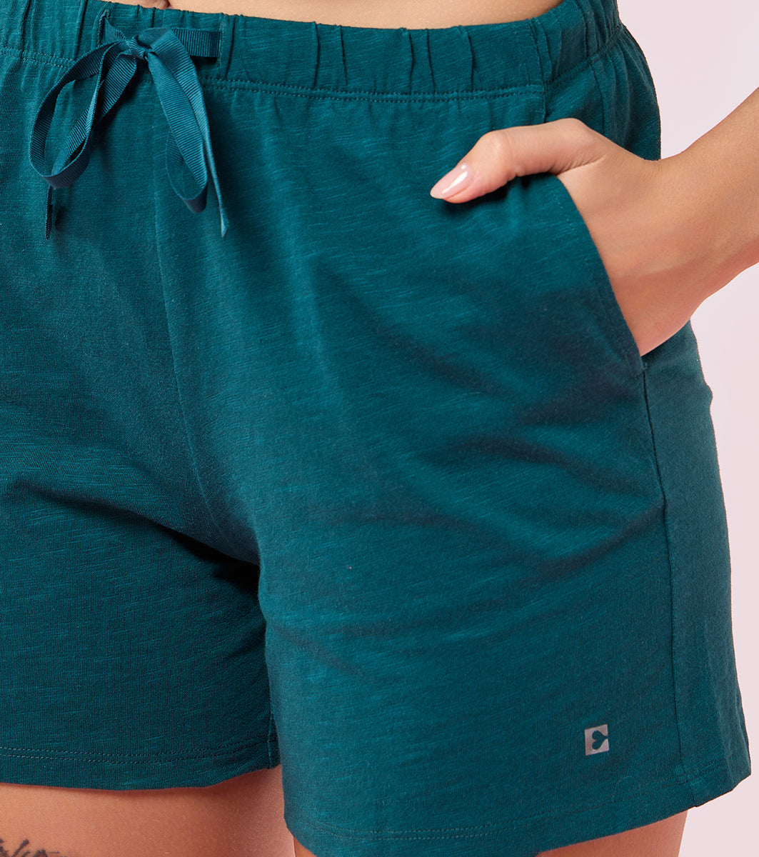 Enamor E062 Women Basic Shorts - Mid-Thigh Length Jersey Shorts With Pockets - Deep Teal