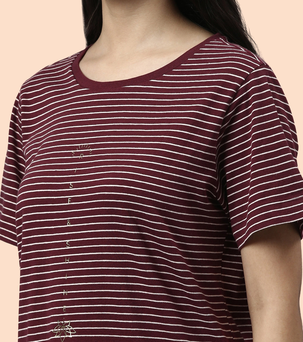 Tunic Tee – Stripes | Short Sleeve Tunic Tee With Side Slit & Mindful Graphic