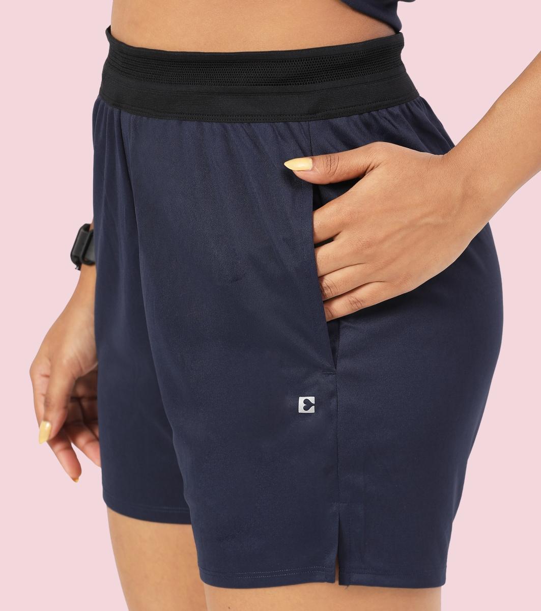 Enamor A714 Women's Kool Poly Quick Dry Training Shorts with In-Built Inner Tights - Navy