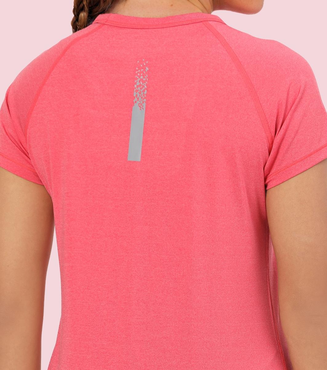 Enamor E089 Raglan Sleeve Scoop Neck Slim Fit Active T-Shirt With Reflective Graphic Print On Back - Raspberry Melange