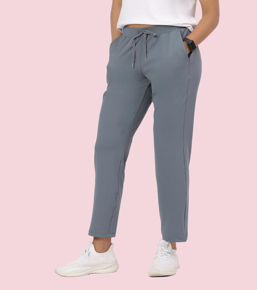 Enamor E068 Women Antimicrobial Mid Rise Relaxed Fit Active Travel Pants - Cloud Grey