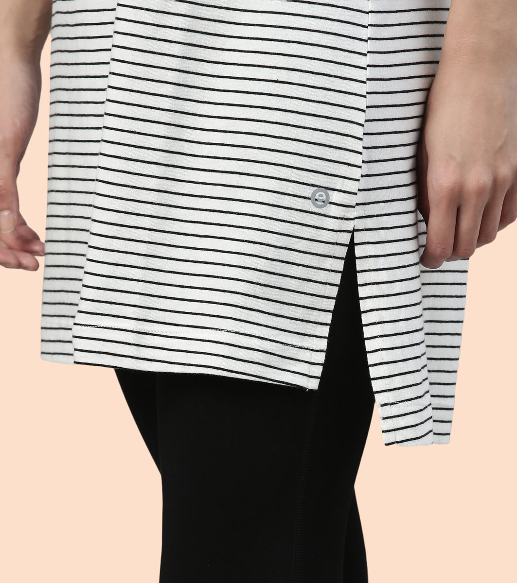 Tunic Tee – Stripes | Short Sleeve Tunic Tee With Side Slit & Mindful Graphic