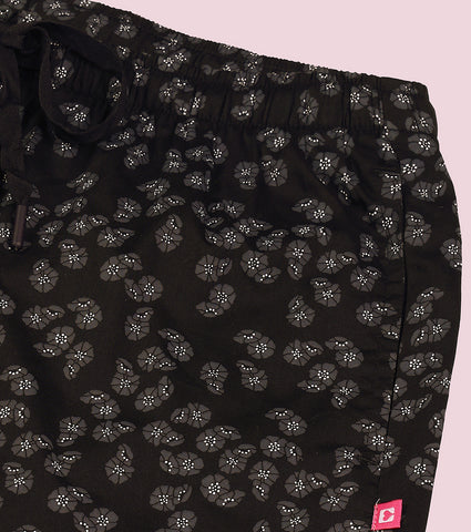 Enamor E7A1 Combed Cotton Printed Mid-Rise Relaxed Fit Hangout Shorts - Black Floral Print