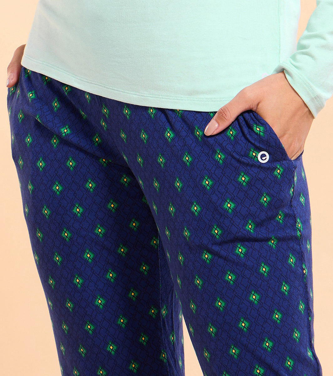 Enamor Essentials E048 Printed Tapered Lounge Pants With Self Fabric Drawstring With Metal Ends