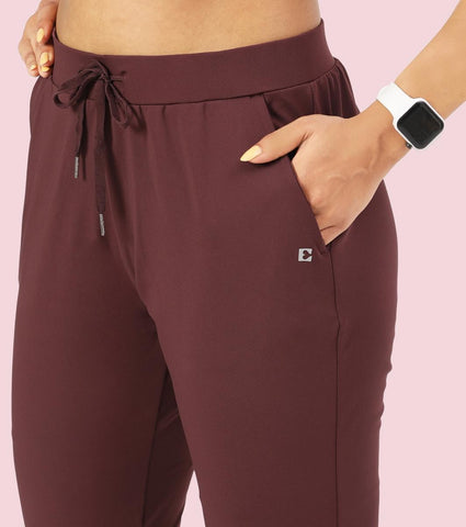 Enamor E068 Women Antimicrobial Mid Rise Relaxed Fit Active Travel Pants - Choco Fudge