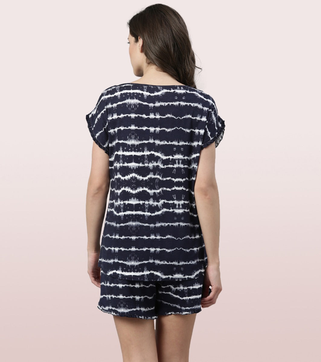 Home Shorts Set | Viscose Printed Ruffled Trim Tee And Shorts Set - EC14