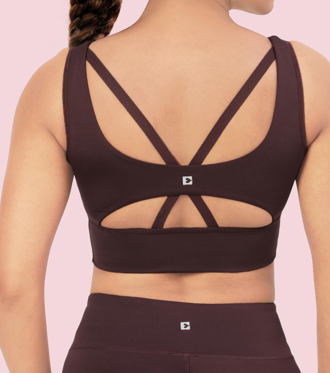 Enamor A206 Women's Criss Cross High Impact Long Line Sports Bra - High Support, Padded, High Coverage, Non-Wired - Choco Fudge