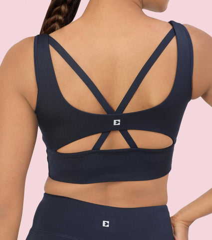 Enamor A206 Women's Criss Cross High Impact Long Line Sports Bra - High Support, Padded, High Coverage, Non-Wired - Navy