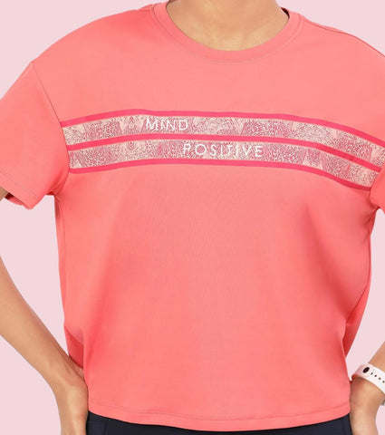 Enamor A311 Typographic Printed Drop Shoulder Sleeves Relaxed Fit Crop T-shirt - Coral Pink-Mind Positive