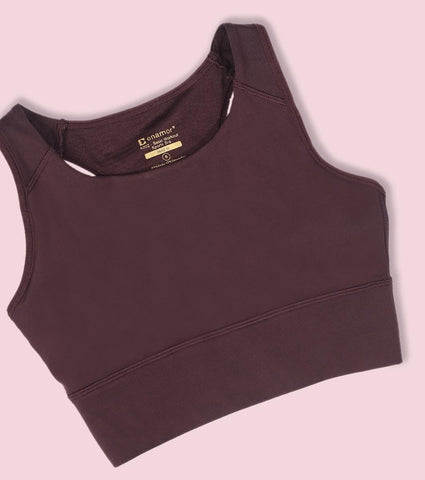 Enamor A202 Medium Impact Quick Dry Longline Workout Sports Bra - Choco Fudge