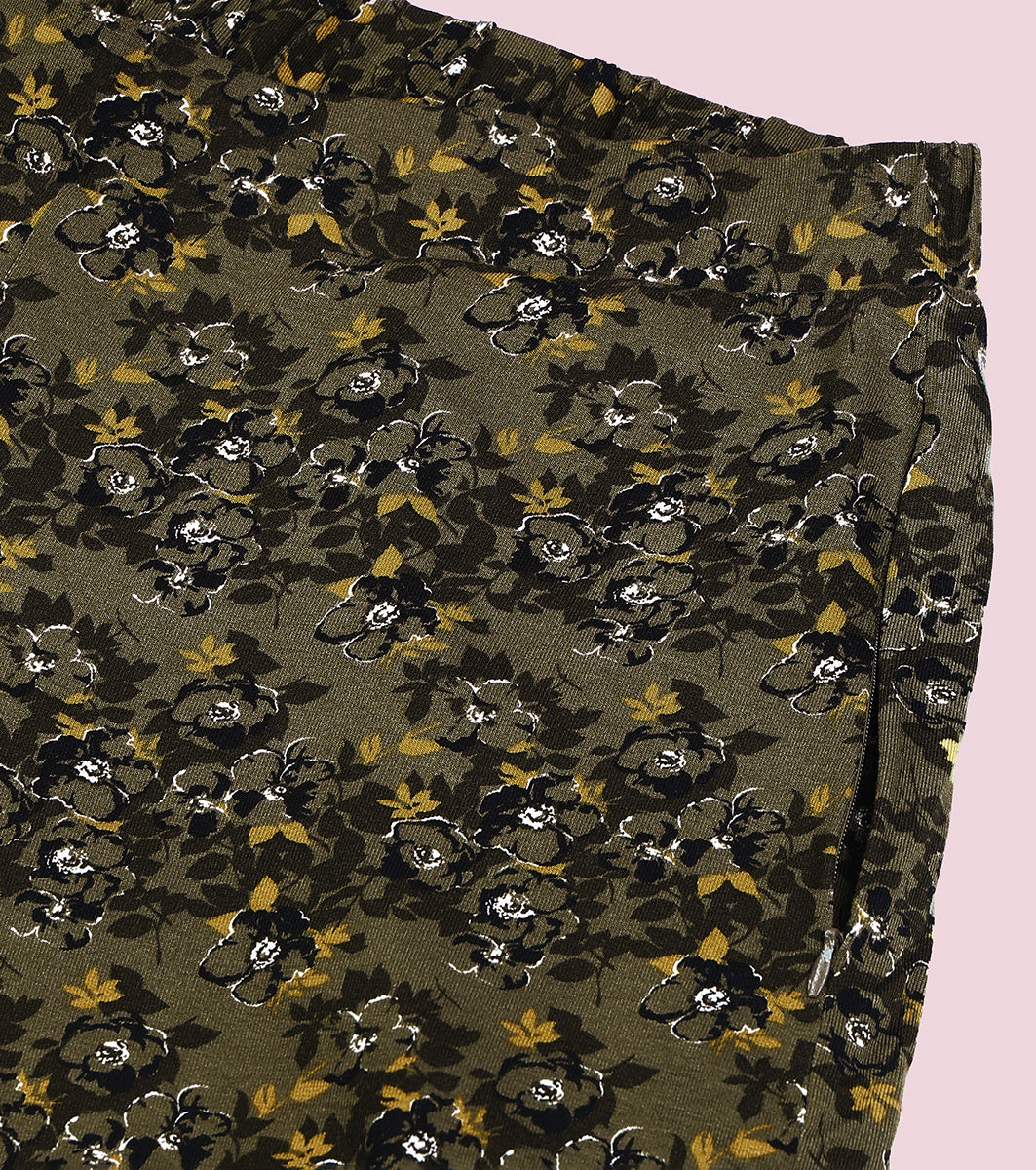 Enamor Essentials EA64 Shop In Culotte | Crop Length Culotte With Smart Side Slits - Olive Floral