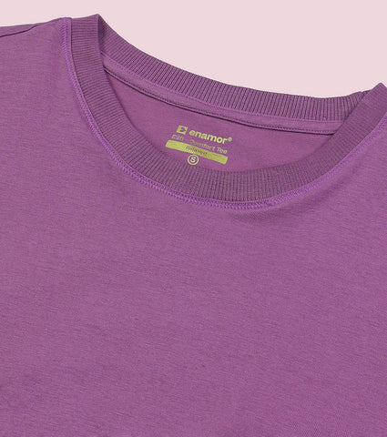 Enamor E311 Women Relaxed Fit Crew Neck Basic Stretch Cotton T-Shirt - Chinese Violet