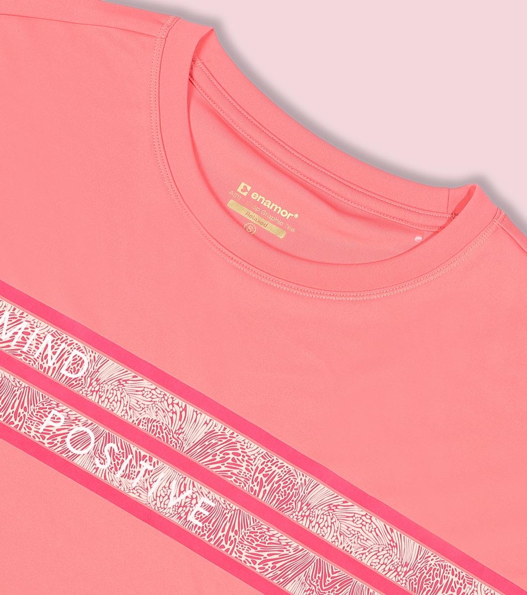 Enamor A311 Typographic Printed Drop Shoulder Sleeves Relaxed Fit Crop T-shirt - Coral Pink-Mind Positive