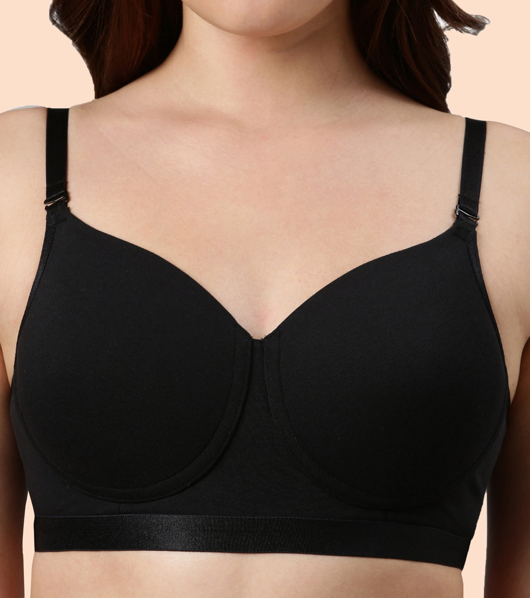 Enamor Fab-Cool A165 Antimicrobial Ultimate Coverage Cotton T-shirt Bra for Women- High Coverage, Padded and Wirefree - Black