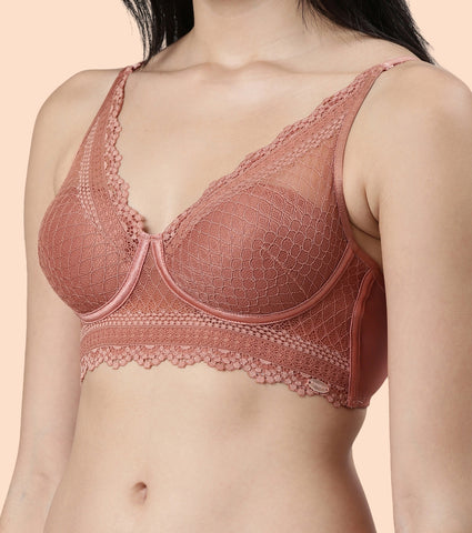 Enamor Pure Ease F125 Longline Comfort Lace Bra for Women - Padded, Wirefree and High Coverage