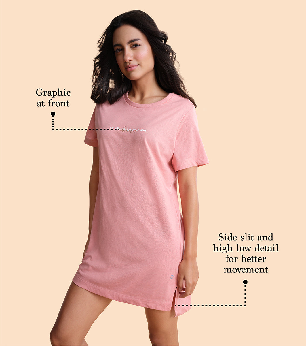 Tunic Tee – Solid | Short Sleeve Tunic Tee With Side Slit & Mindful Graphic