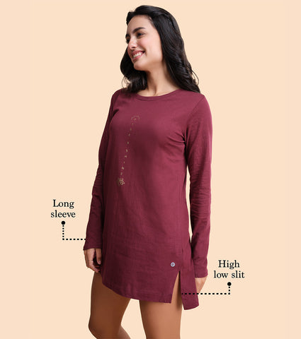 Tunic Tee – Solid | Long Sleeve Tunic Tee With Side Slit & Mindful Graphic