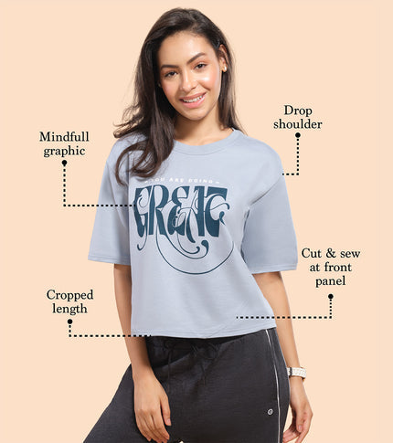 Enamor Cotton Terry Graphic T-Shirt For Women | Cropped Length Oversized Fit Tee | E3G4