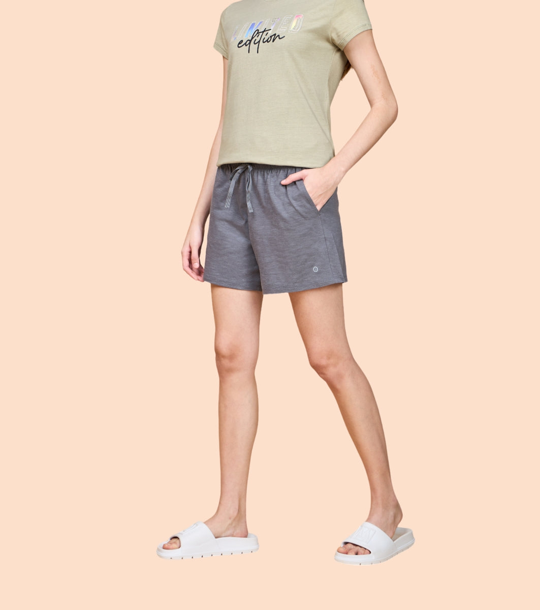 Enamor Essentials Womens E062-Mid Rise Relaxed Fit Thigh Length Jersey Shorts