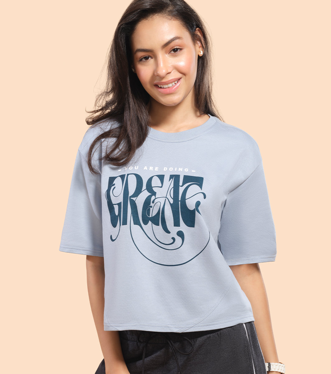 Enamor Cotton Terry Graphic T-Shirt For Women | Cropped Length Oversized Fit Tee | E3G4