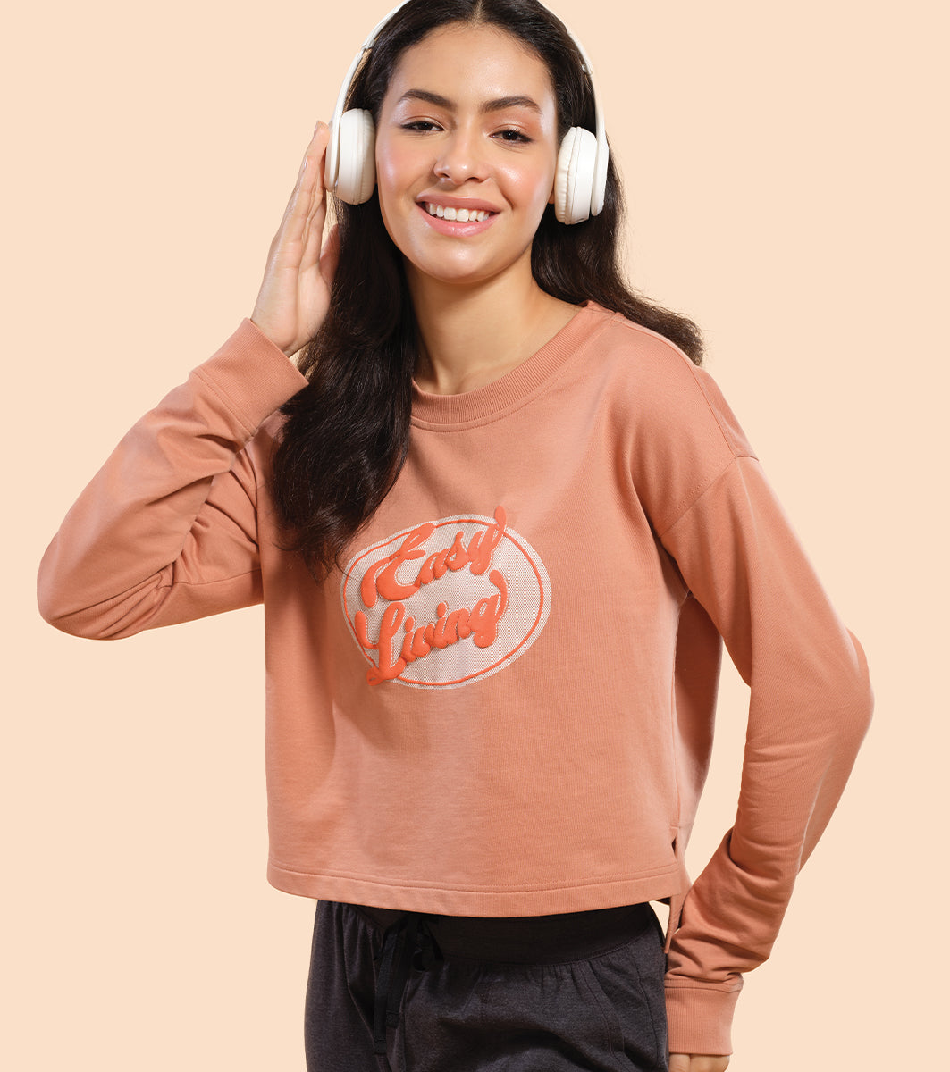 Enamor Drop Shoulder Sweat For Women | Cotton Terry Graphic Sweatshirt | E9G2