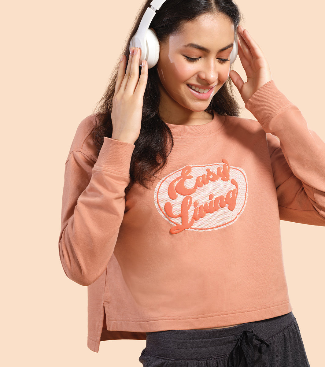 Enamor Drop Shoulder Sweat For Women | Cotton Terry Graphic Sweatshirt | E9G2