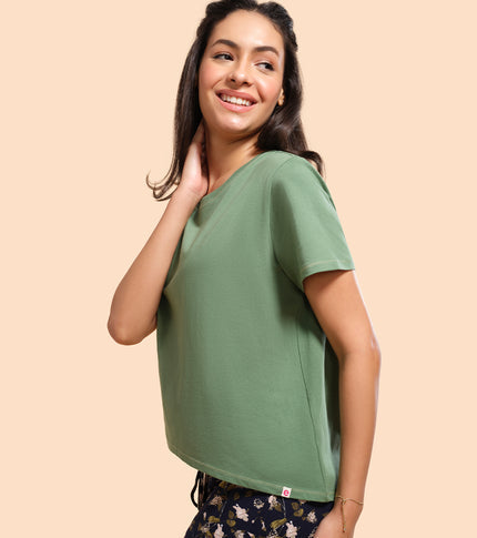  Enamor Basic Stretch Cotton Tee | Short Sleeve Crew Neck Tee For Women | E305