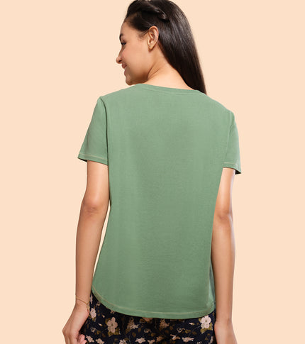  Enamor Basic Stretch Cotton Tee | Short Sleeve Crew Neck Tee For Women | E305