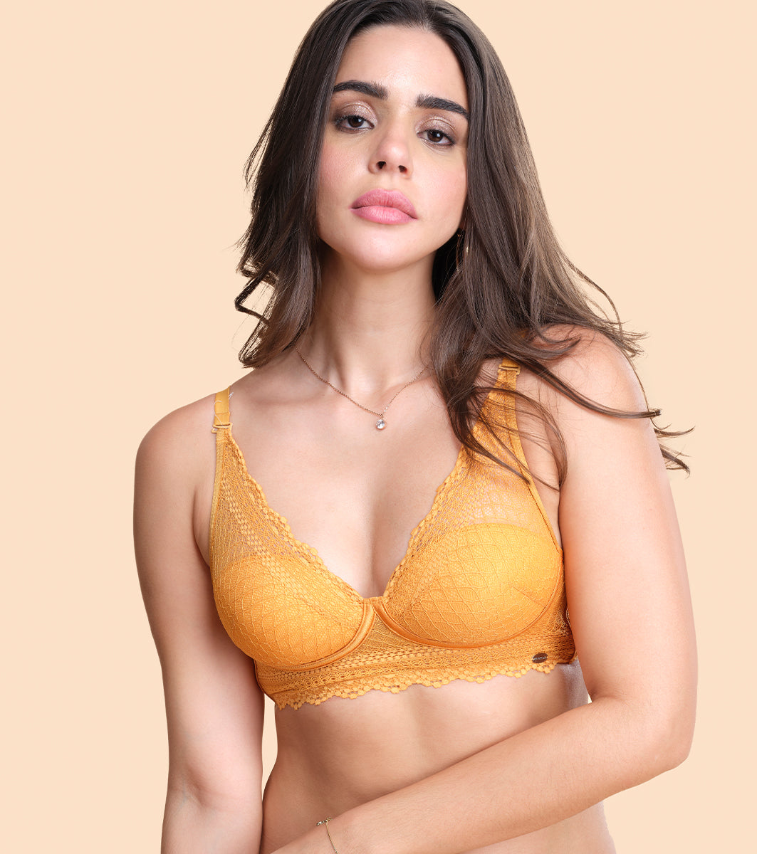 Enamor Pure Ease F125 Longline Comfort Lace Bra for Women - Padded, Wirefree and High Coverage