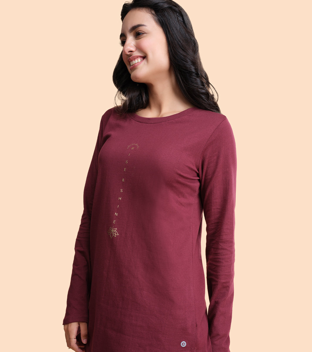 Tunic Tee – Solid | Long Sleeve Tunic Tee With Side Slit & Mindful Graphic